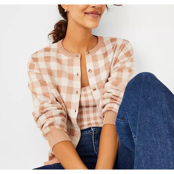 Ann Taylor Women's Dominican Sands Checkered Cardigan Sweater‎ Beige Size Small - Picture 1 of 11